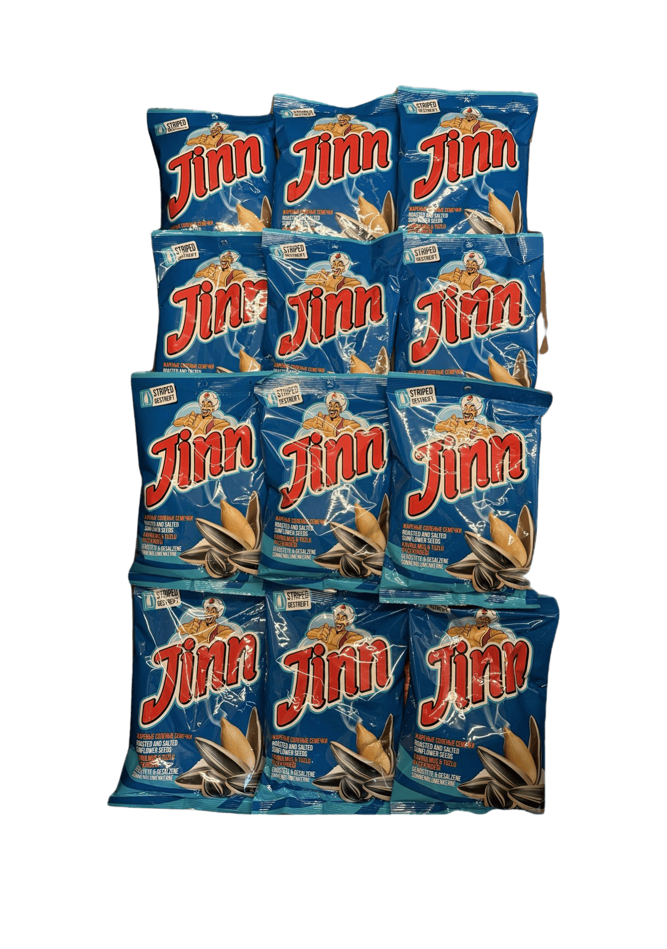 JINN Blau- 1(1) Jinn Sonnenblumenkerne 12x 250 g – geröstet, gesalzen, gestreift – hochwertiger Snack – Bild 1