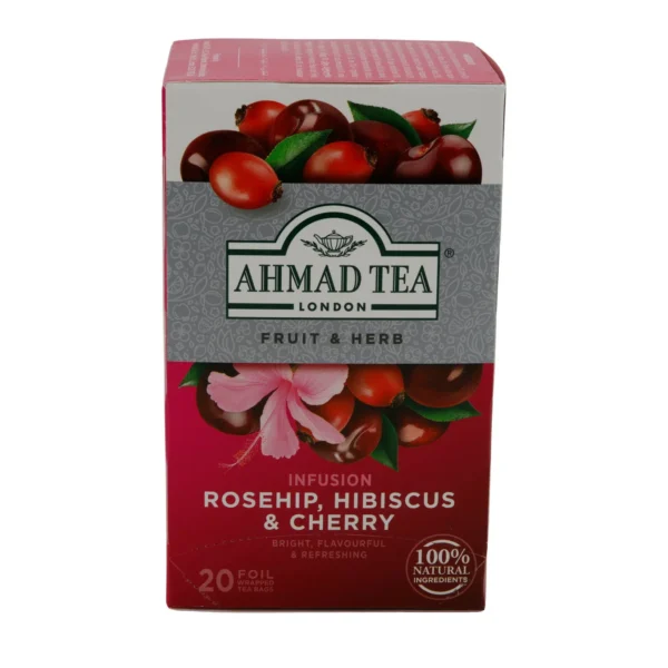 Früchtetee Ahmad Tea | Rosehip, Hibiscus & Cherry | Fruchtige Kräuterinfusion mit Hagebutte, Hibiskus und Kirsche | Ahmad Tea Meyve Çayı | Rosehip, Hibiscus & Cherry | Kuşburnu, Hibiskus ve Kirazlı Meyve-Bitki Karışımı | 20 Teebeutel